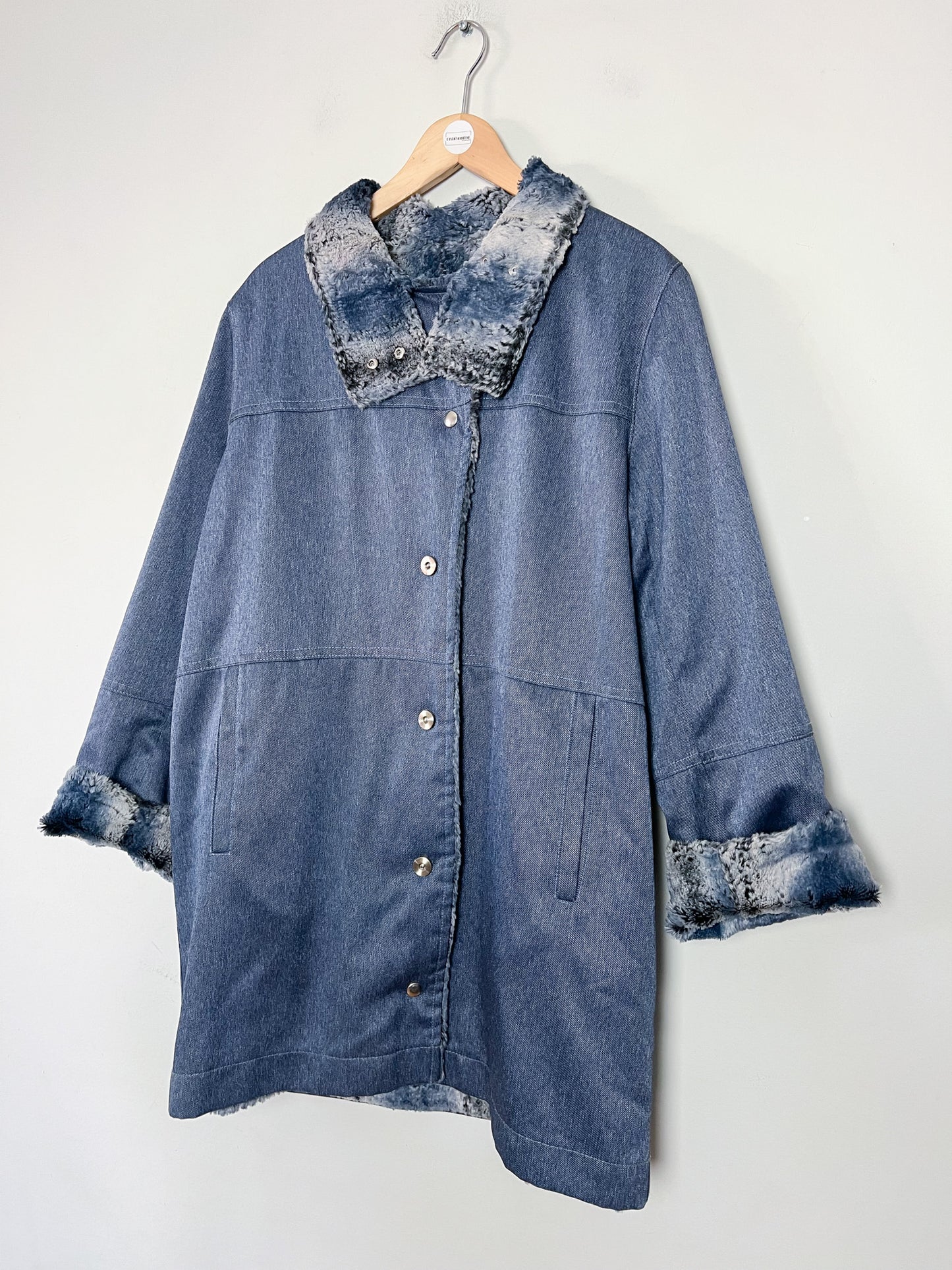 Manteau Mi-Saison Bleu Satiné - Doublure Fausse Fourrure - Look Y2K - T. 40/42