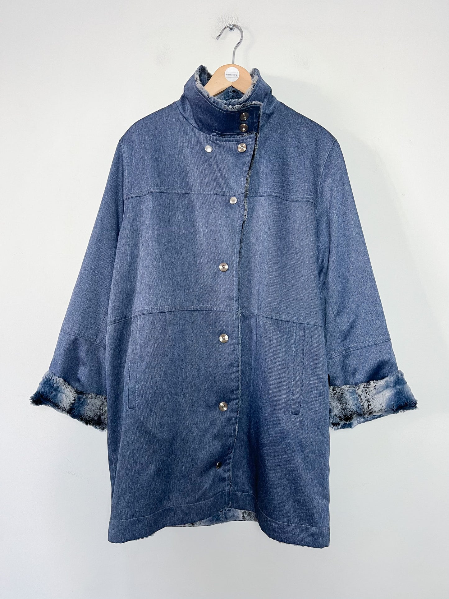 Manteau Mi-Saison Bleu Satiné - Doublure Fausse Fourrure - Look Y2K - T. 40/42