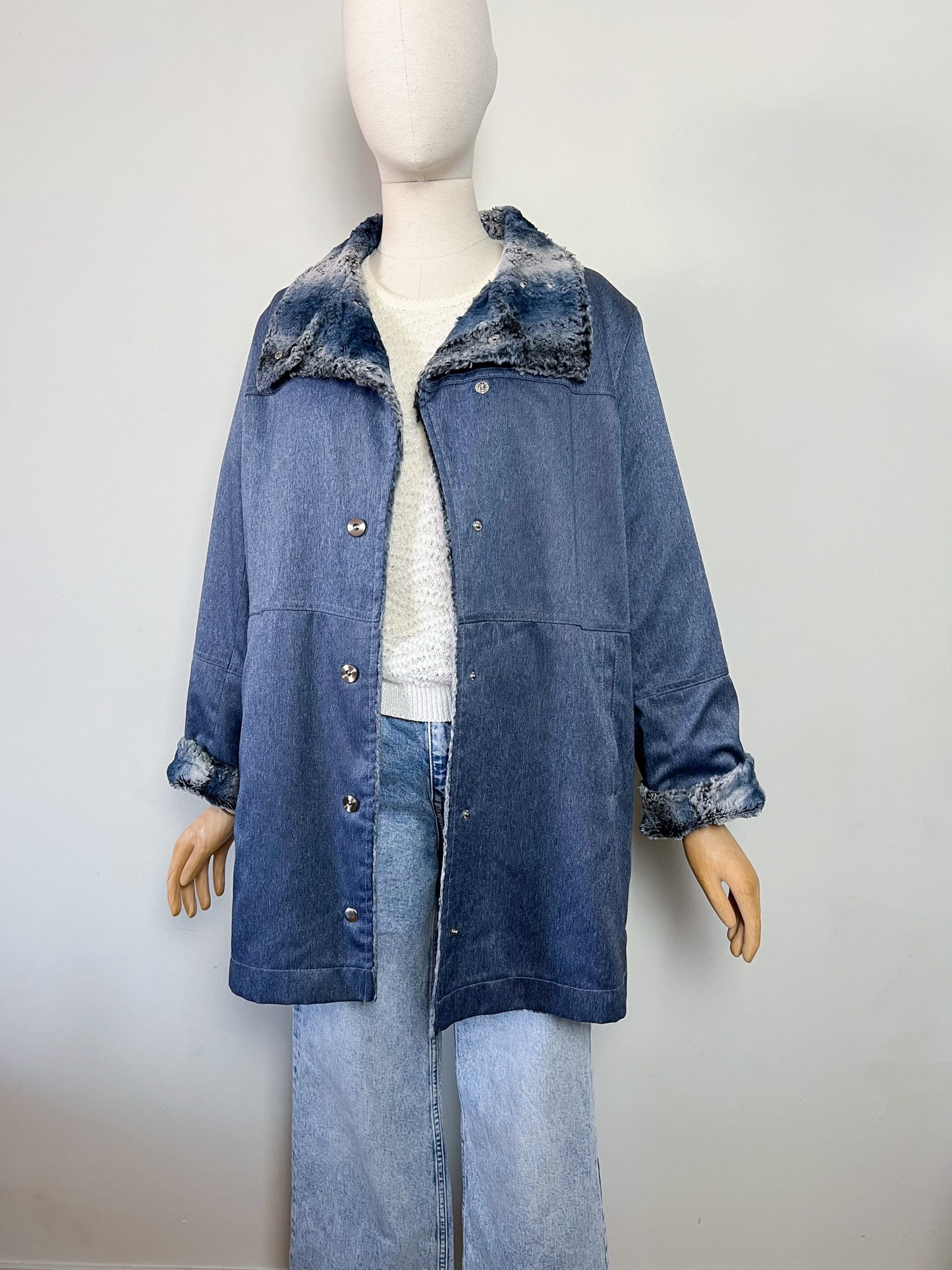 Manteau Mi-Saison Bleu Satiné - Doublure Fausse Fourrure - Look Y2K - T. 40/42