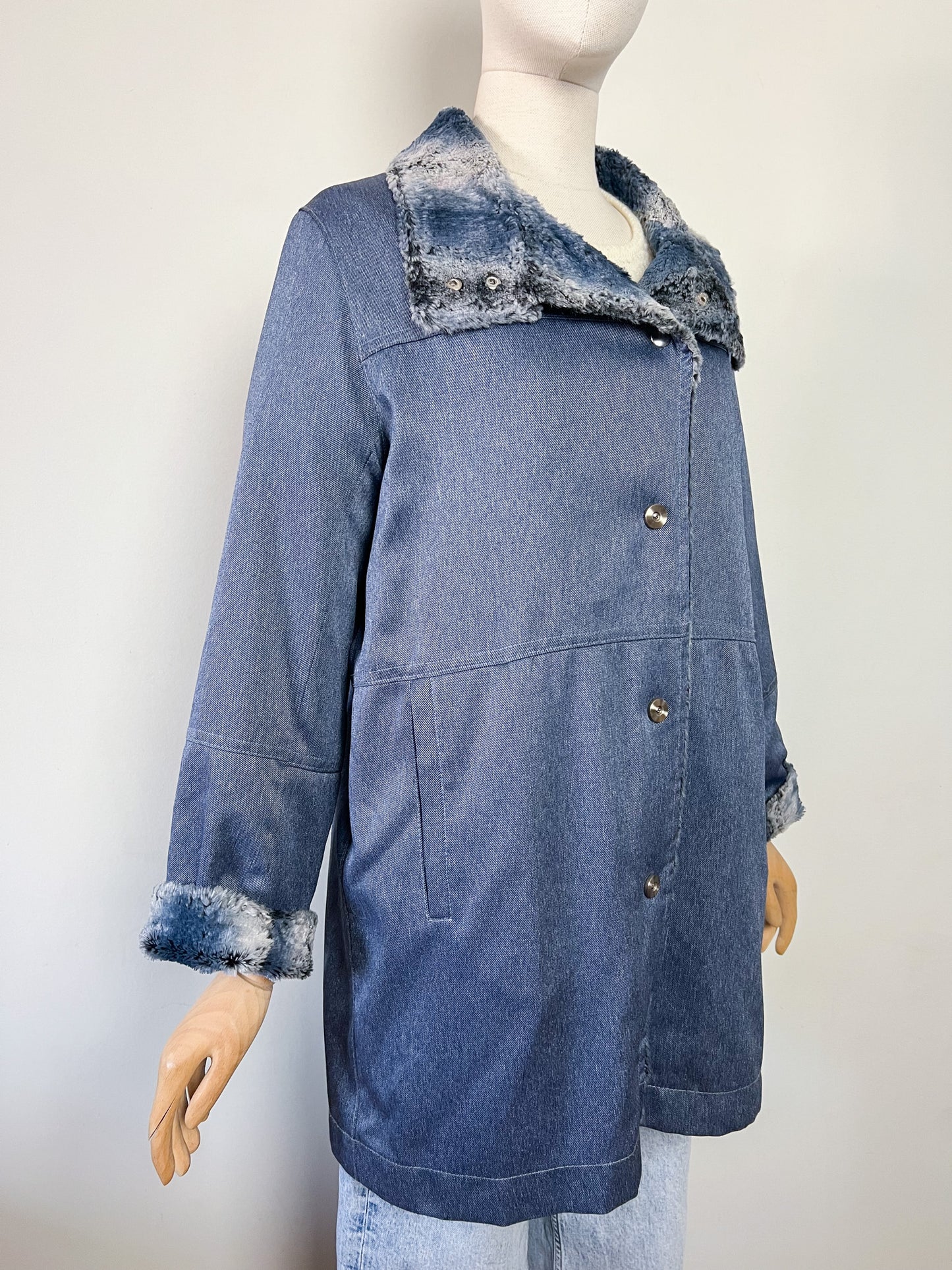 Manteau Mi-Saison Bleu Satiné - Doublure Fausse Fourrure - Look Y2K - T. 40/42