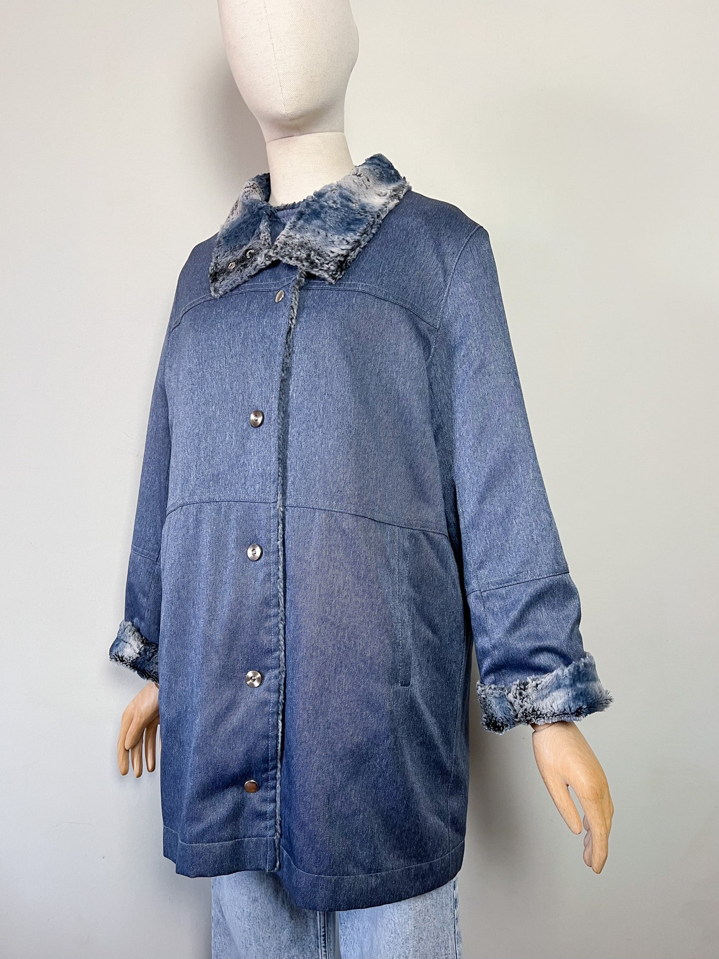 Manteau Mi-Saison Bleu Satiné - Doublure Fausse Fourrure - Look Y2K - T. 40/42