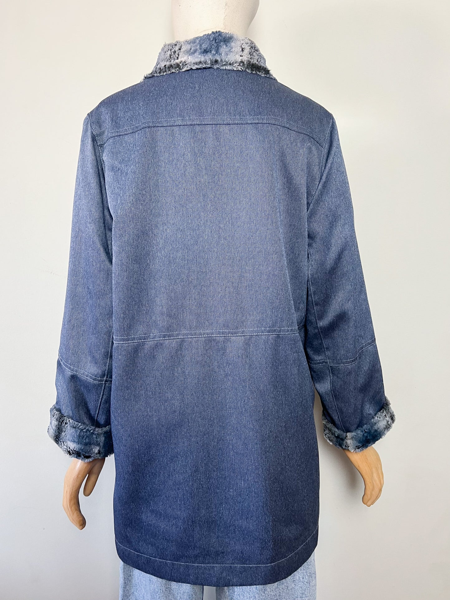 Manteau Mi-Saison Bleu Satiné - Doublure Fausse Fourrure - Look Y2K - T. 40/42