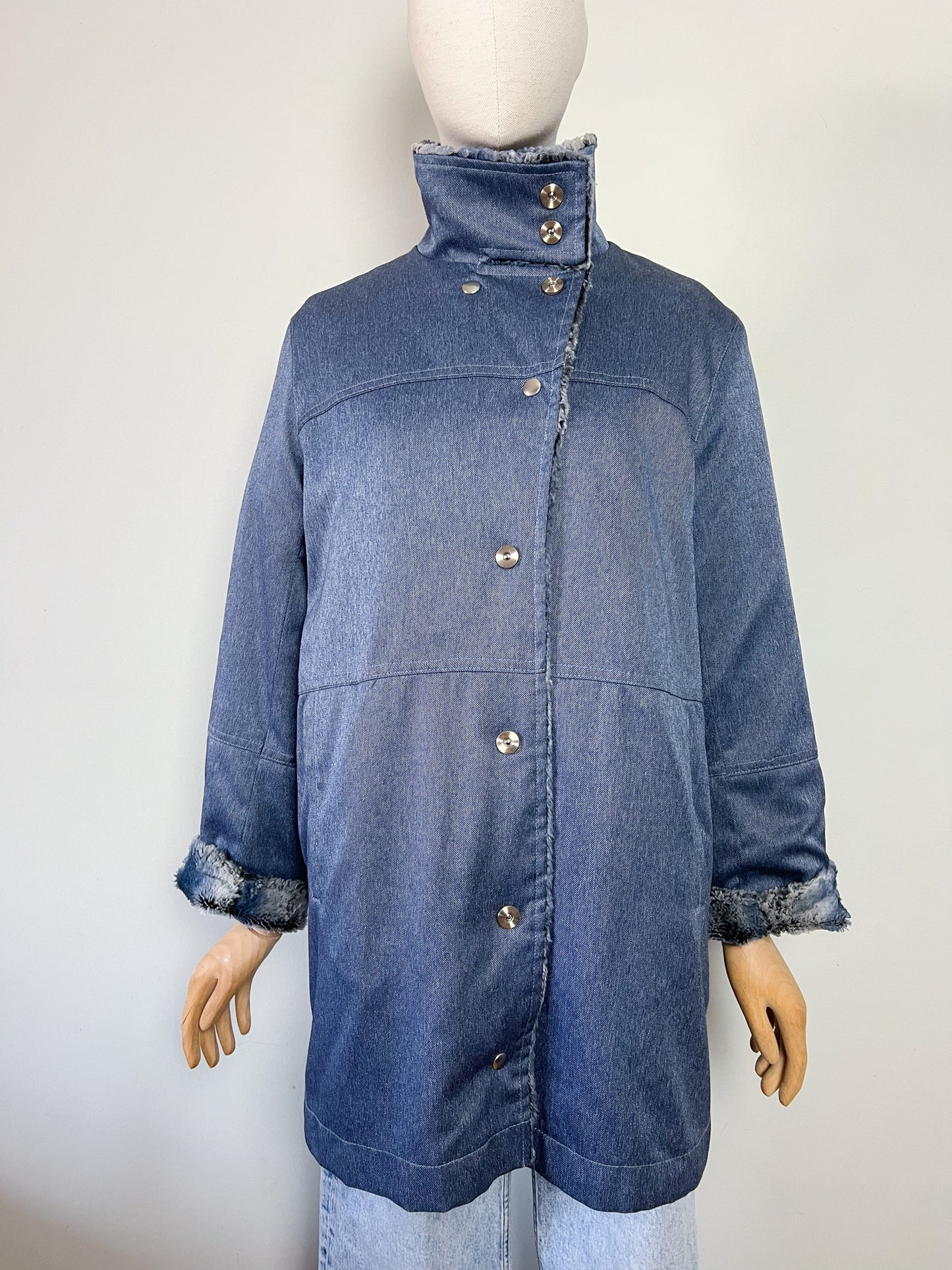 Manteau Mi-Saison Bleu Satiné - Doublure Fausse Fourrure - Look Y2K - T. 40/42