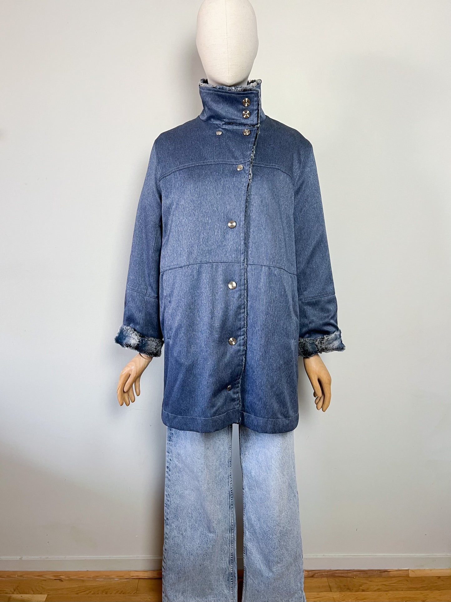 Manteau Mi-Saison Bleu Satiné - Doublure Fausse Fourrure - Look Y2K - T. 40/42