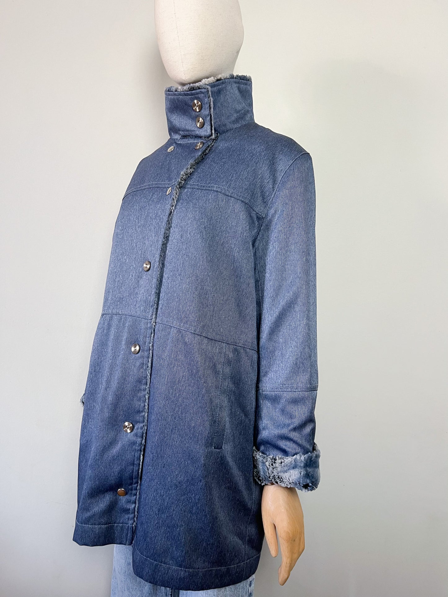 Manteau Mi-Saison Bleu Satiné - Doublure Fausse Fourrure - Look Y2K - T. 40/42