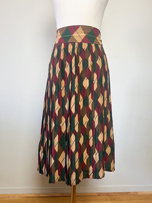 Jupe TED LAPIDUS Couture Vintage 60s/70s - 100% Soie Plissée Soleil - Imprimé Losanges & Écharpe Assortie - Taille 42 FR