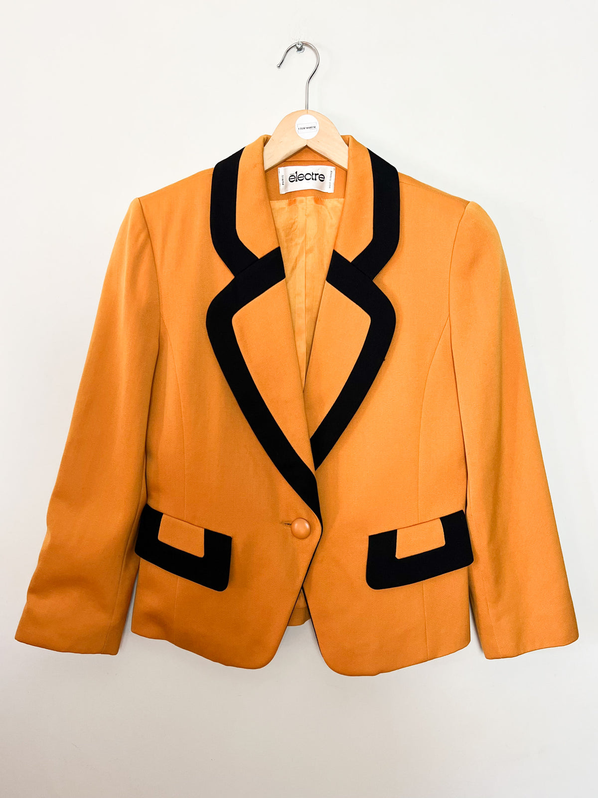 Veste de tailleur vintage années 80s moutarde & col noir 100% Pure Laine Electre Paris Taille 38/40