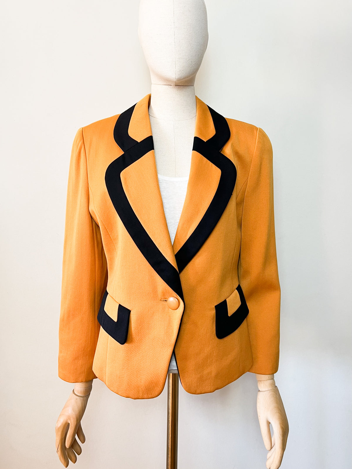 Veste de tailleur vintage années 80s moutarde & col noir 100% Pure Laine Electre Paris Taille 38/40