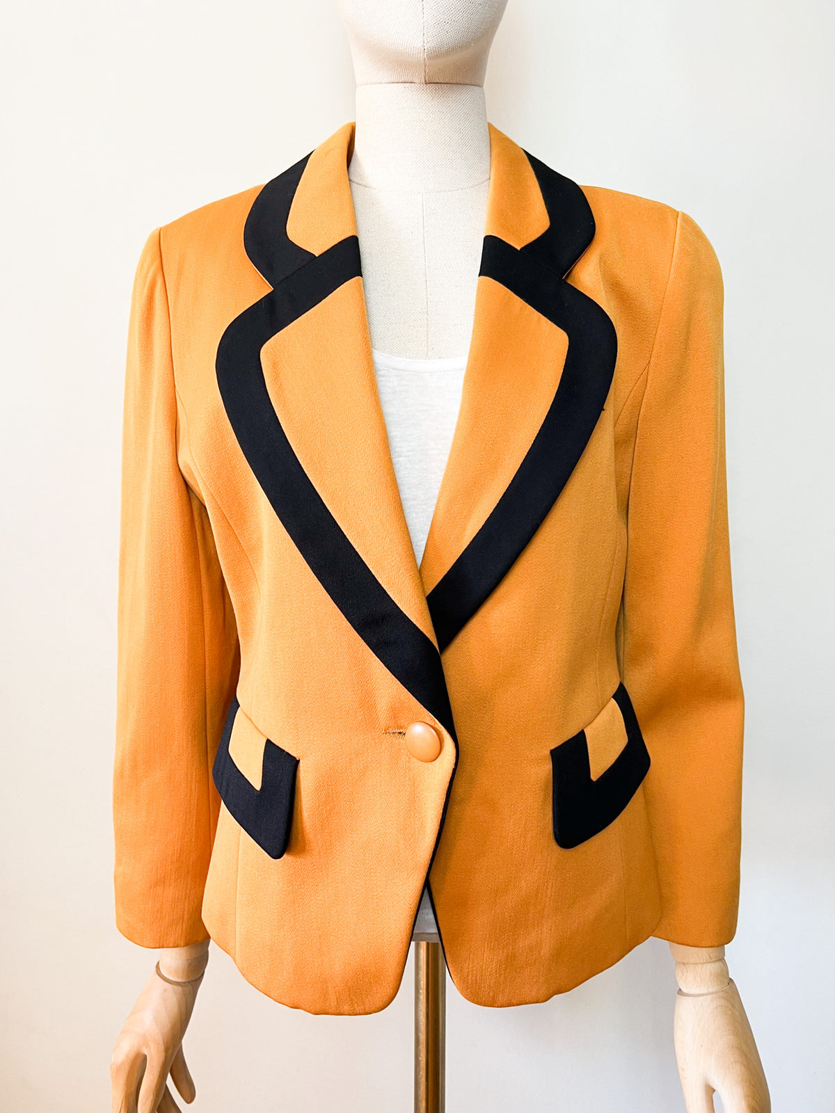 Veste de tailleur vintage années 80s moutarde & col noir 100% Pure Laine Electre Paris Taille 38/40