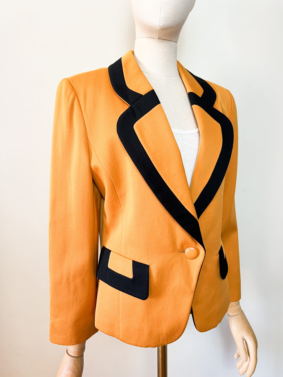 Veste de tailleur vintage années 80s moutarde & col noir 100% Pure Laine Electre Paris Taille 38/40