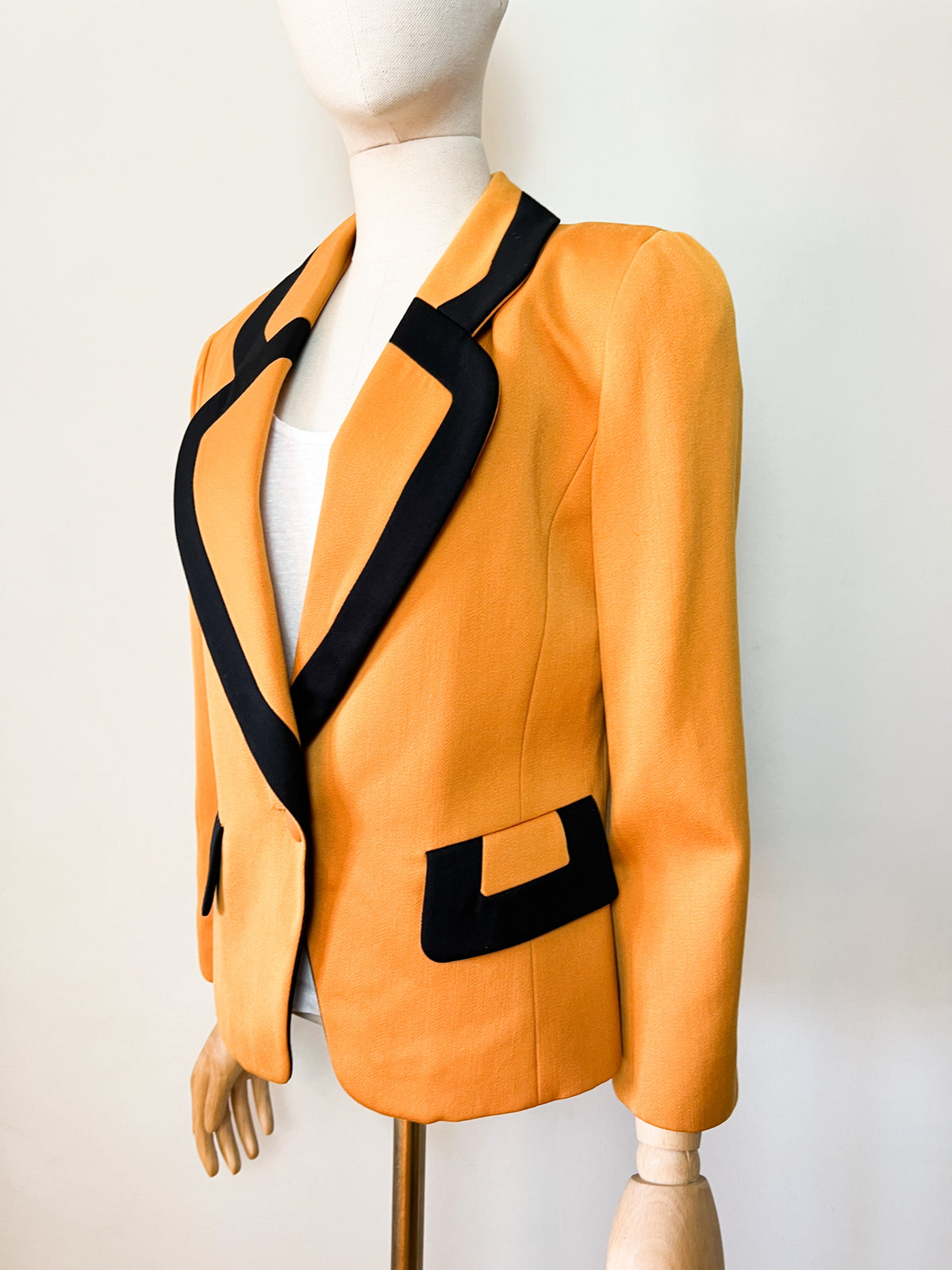 Veste de tailleur vintage années 80s moutarde & col noir 100% Pure Laine Electre Paris Taille 38/40