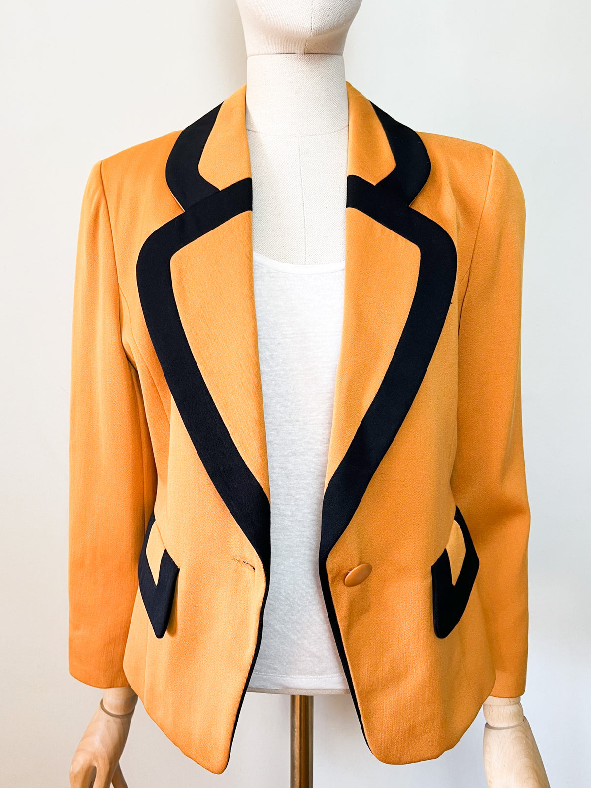 Veste de tailleur vintage années 80s moutarde & col noir 100% Pure Laine Electre Paris Taille 38/40