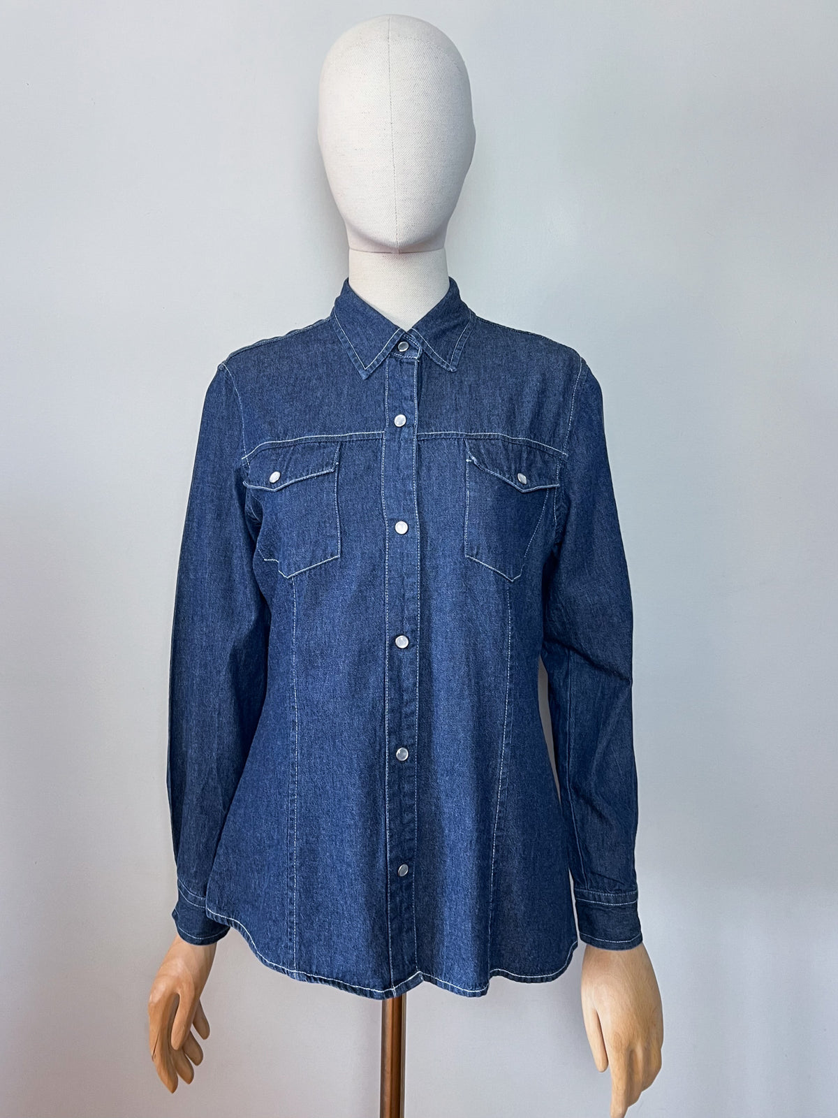 Chemise / surchemise en jean vintage années 90 style western à pressions nacrées — Taille S (36/38)