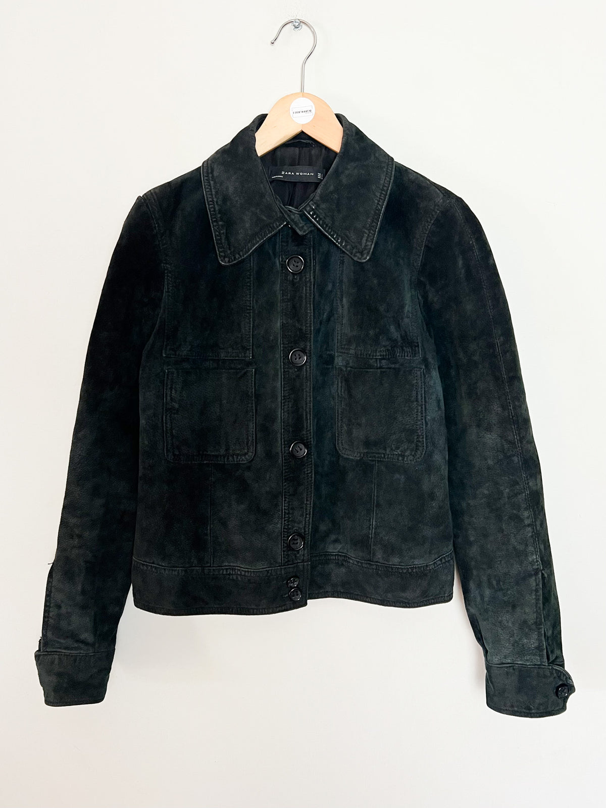 Veste courte en daim noir Zara Woman style rétro 70s 100% Croûte de cuir Taille 36