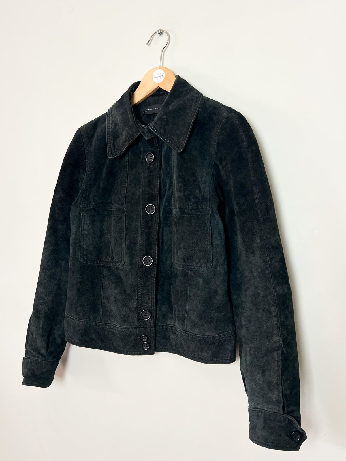 Veste courte en daim noir Zara Woman style rétro 70s 100% Croûte de cuir Taille 36