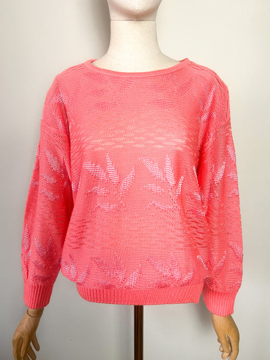 Pull Léger Vintage Années 80 90 Rose Corail - Maille Ajourée Motifs Feuilles - T40/42