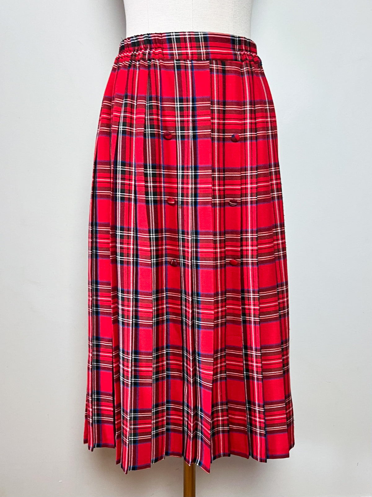 Jupe midi plissée vintage 70s 80s tartan rouge à boutons — Made in France — Taille 36/38