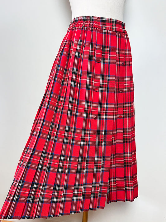 Jupe midi plissée vintage 70s 80s tartan rouge à boutons — Made in France — Taille 36/38