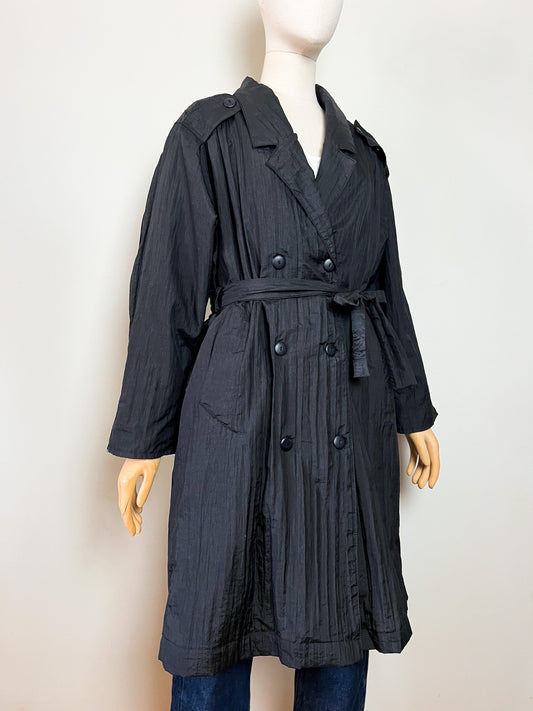 Trench imperméable vintage années 80 noir effet froissé & doublure tissée colorée Coupe oversize Taille Unique (38 au 44)
