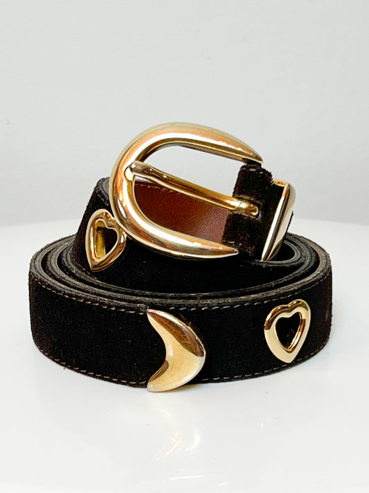 Ceinture Femme Croute de Cuir Marron - Boucle Cœur Doré Ajouré - T. 80 - Made in France