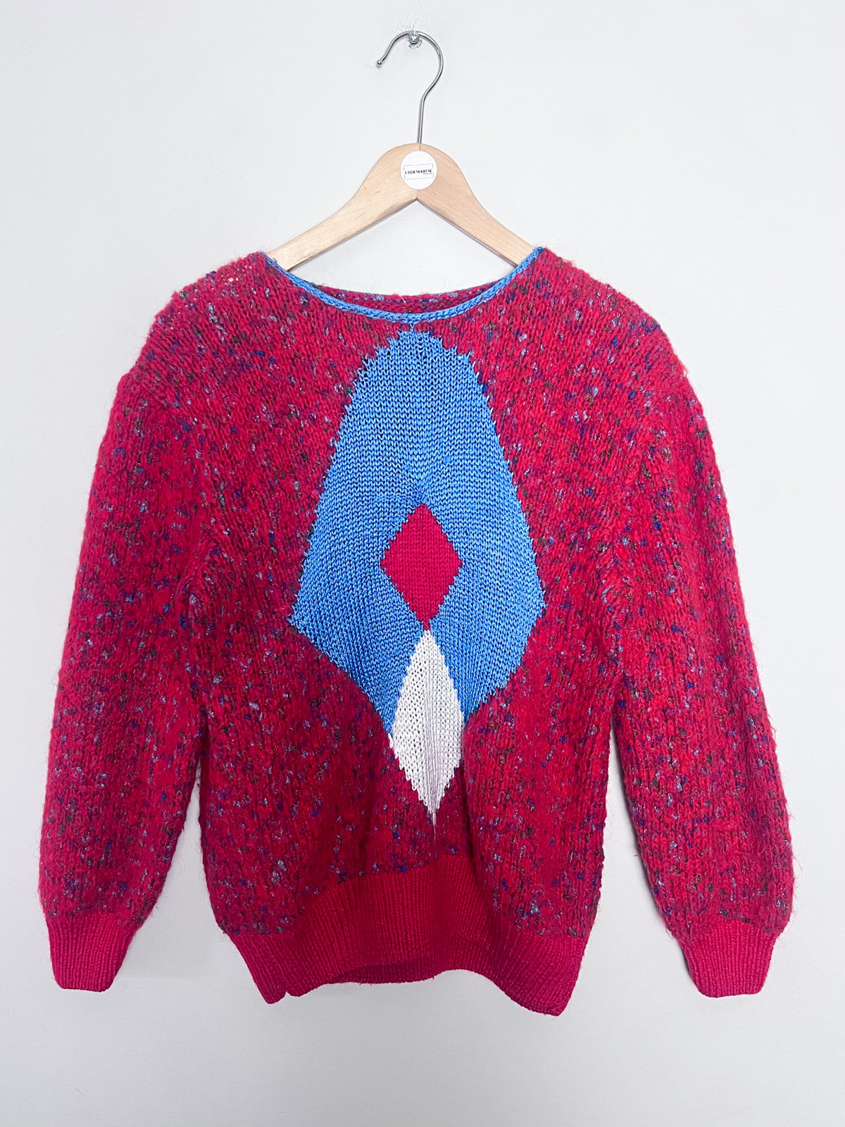 Pull vintage 80s rouge moucheté & motif géométrique losange tricoté main — Taille 38/40