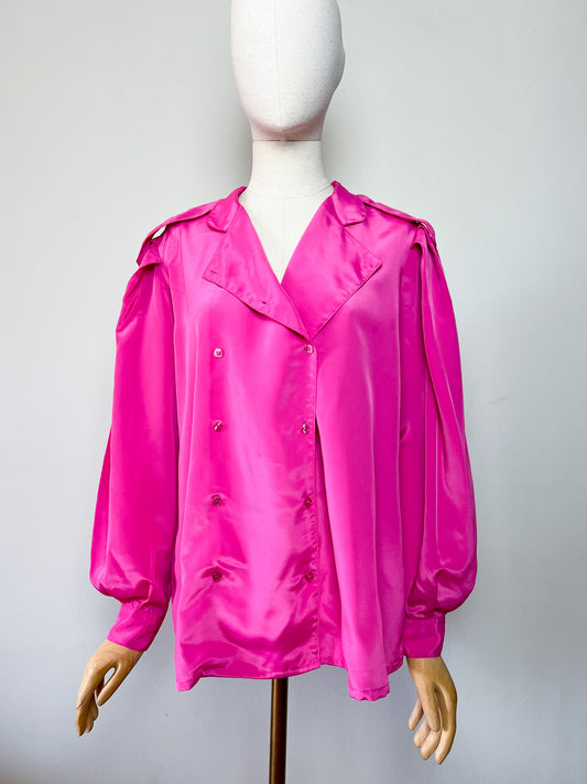 Chemisier Blouse Vintage Rose Fuchsia Vif - Col Multipo. & Épaulettes - 100% Polyester - Années 80 - T. 40/42 FR (L)