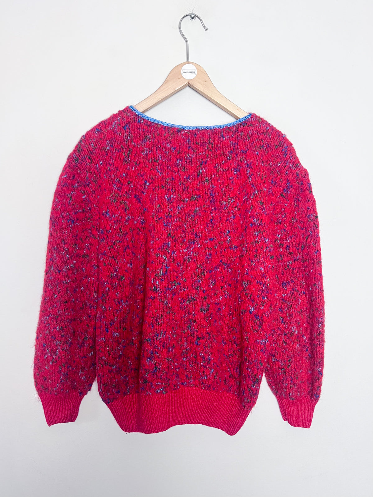 Pull vintage 80s rouge moucheté & motif géométrique losange tricoté main — Taille 38/40