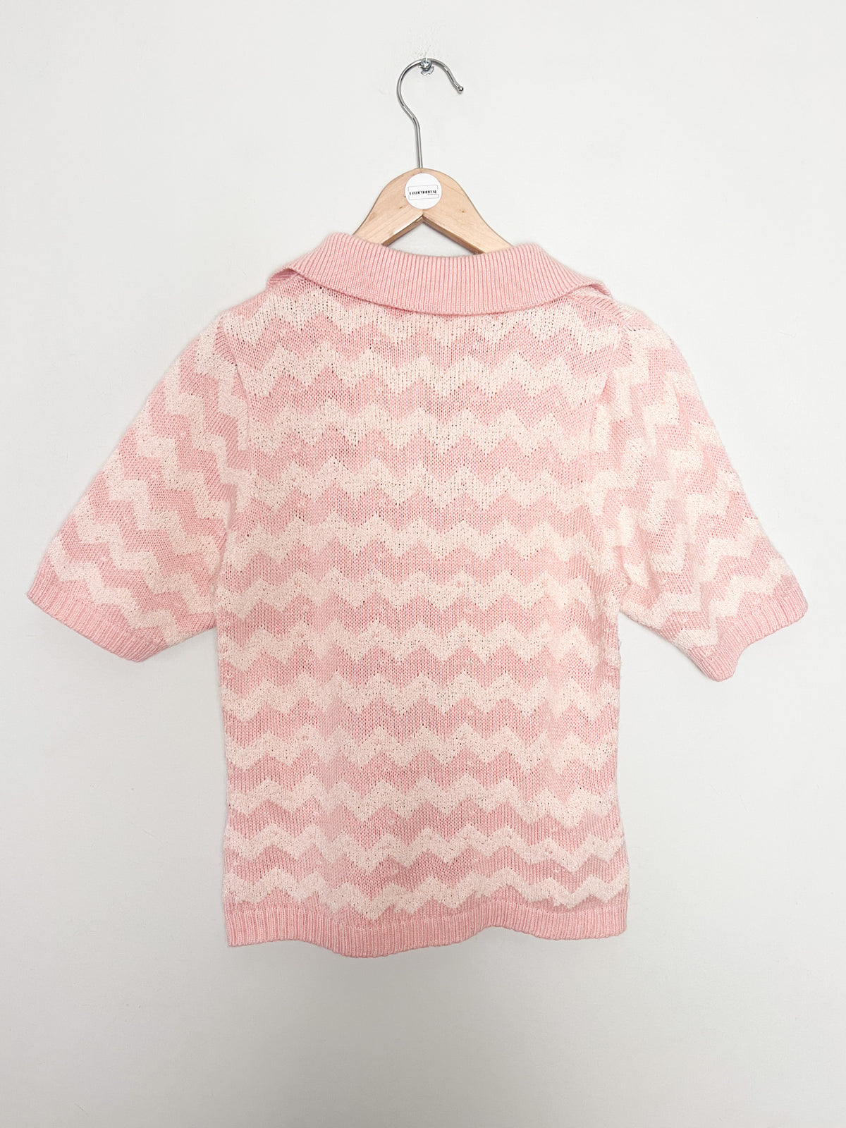 Top pull vintage 70s 80s col polo maille zigzags rose poudré & crème Vogari's — Taille 34/36