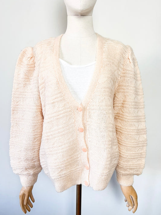 Cardigan Vintage Années 80 Tricoté Main - Beige Rosé - Détails de Maille - T40/42