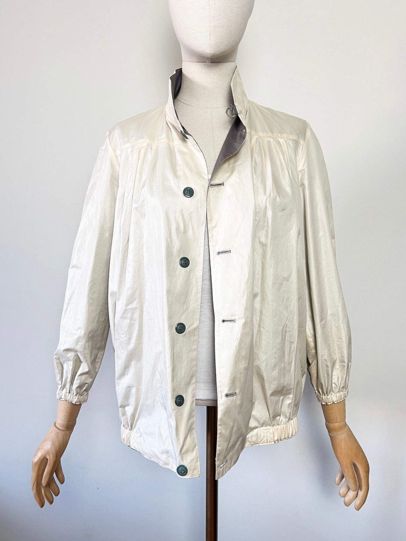 Blouson Coupe-vent Réversible Vintage - Coupe "Boule" 80s/90s - Crème & Marron Glacé - T. 40/42