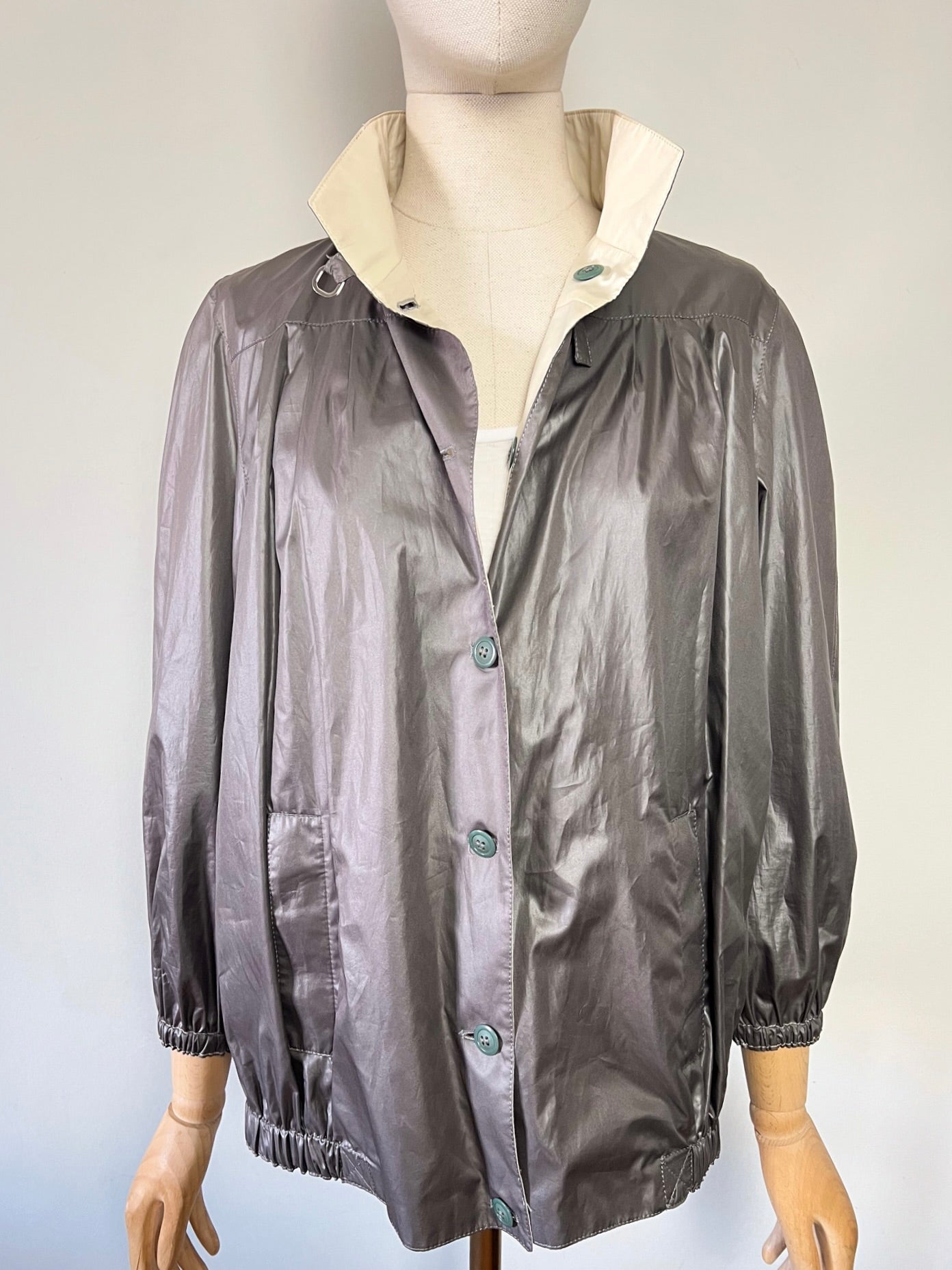 Blouson Coupe-vent Réversible Vintage - Coupe "Boule" 80s/90s - Crème & Marron Glacé - T. 40/42
