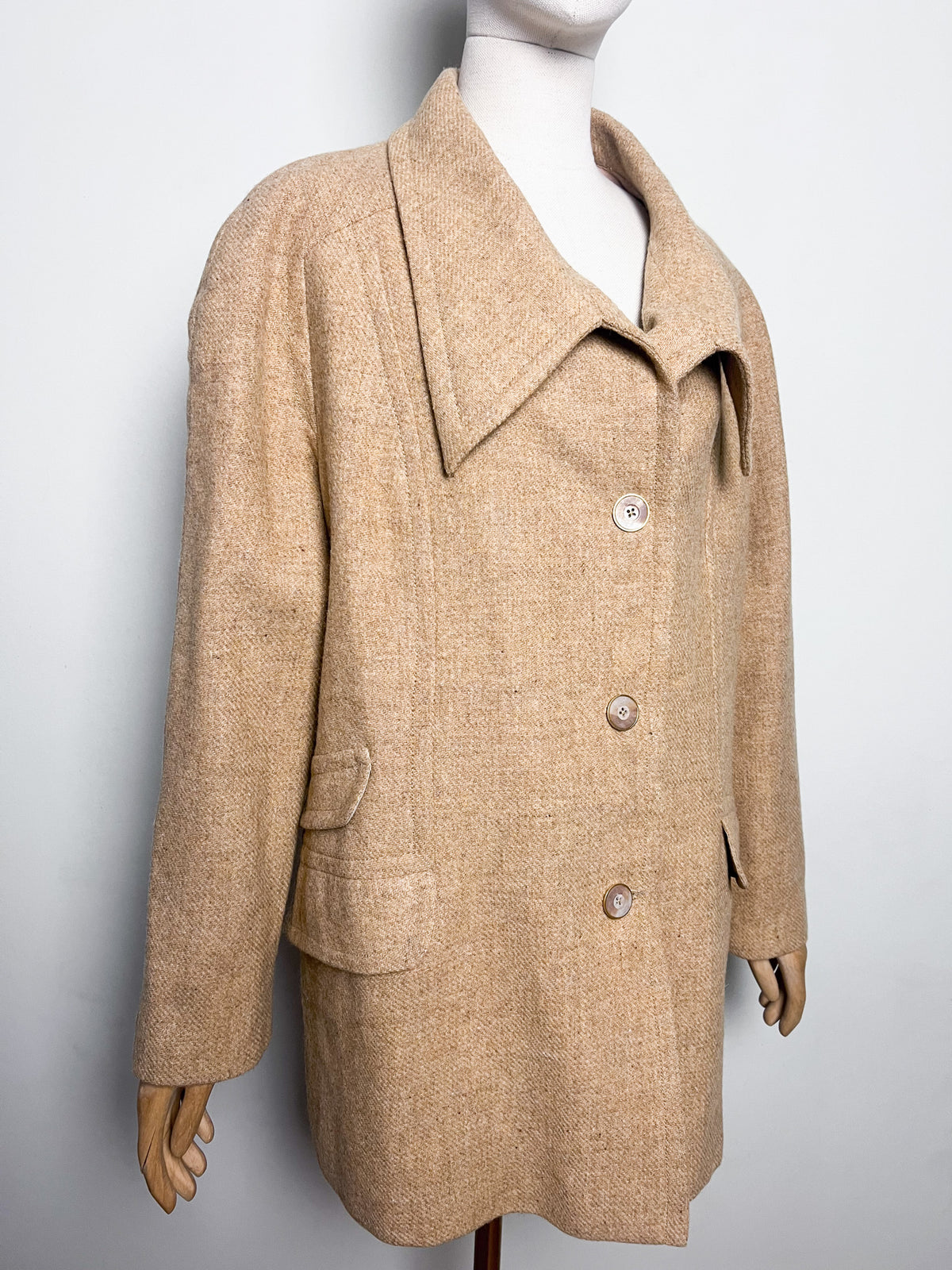 Manteau 3/4 caban vintage années 70 beige camel laine à chevrons Coupe raglan Taille 40/42 ou 38 loose