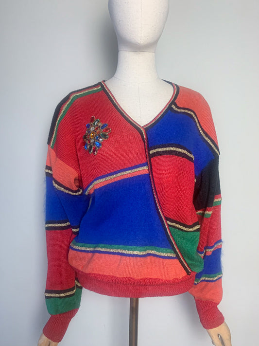 Pull Vintage Rayures Multicolores Strass - Col Cache-Cœur & Fil Doré - Soirée Rétro - Taille 38 FR