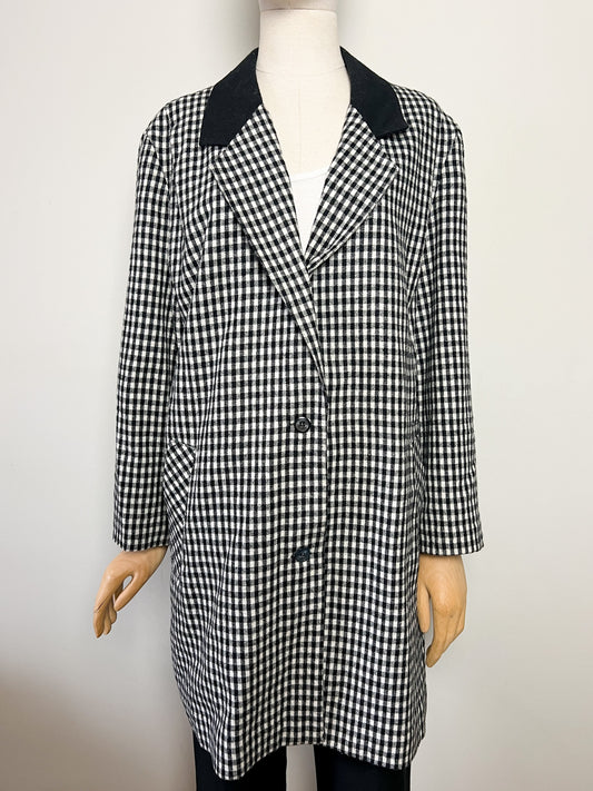 Manteau Veste Longue Vintage Vichy Noir & Blanc - Col Velours - Années 80/90 - T. 40/42