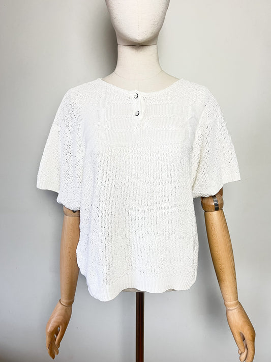 Top Vintage en Maille Blanche - Détails Boutons Nacrés - T. 38/40