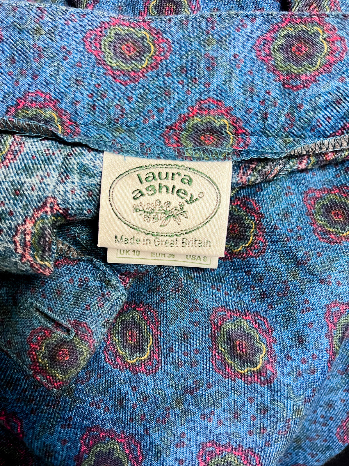 Jupe midi vintage 80s Laura Ashley rosaces baroques bleu en Coton et Laine Taille 34