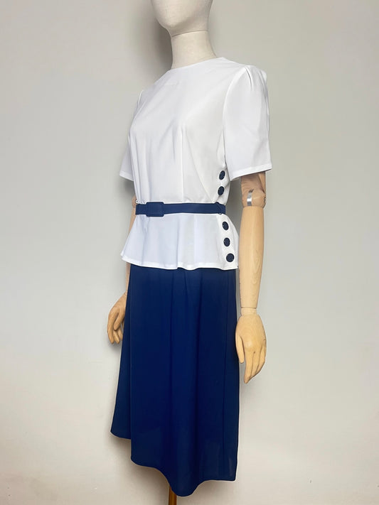 Robe Crayon Vintage Années 80 à Basque – Color block Graphique Marine & Blanc - T36
