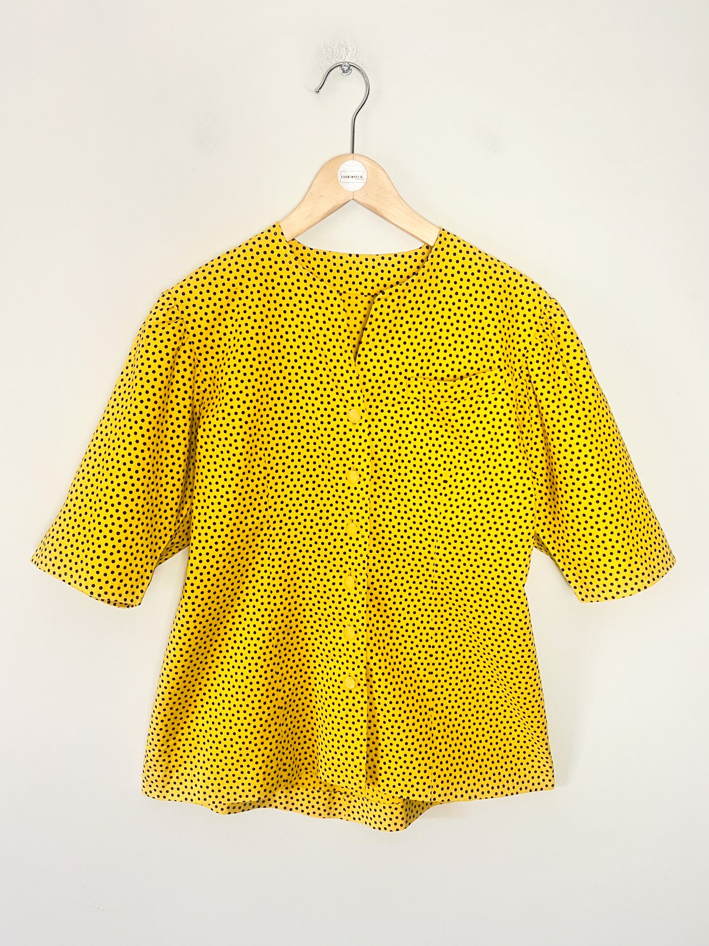 Blouse Vintage Années 80 Jaune "Sunny" à Pois Noirs - Coupe Cintrée boutonnée - T36/38