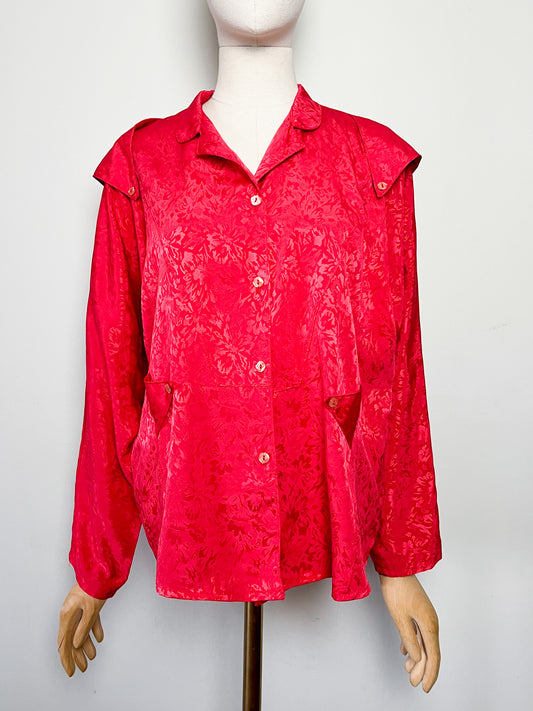 Blouse Chemisier Vintage Oversize Rouge Damassé - Col Modulable - Années 80/90 - T. 38 à 44 FR (M à XXL)