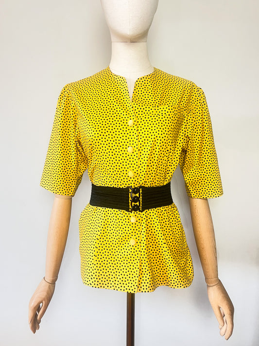 Blouse Vintage Années 80 Jaune "Sunny" à Pois Noirs - Coupe Cintrée boutonnée - T36/38