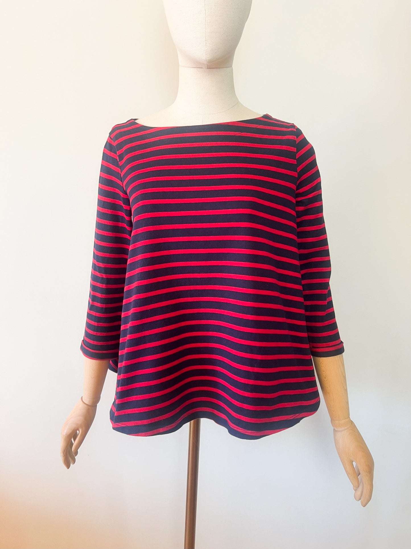 Top T-shirt coupe Trapèze - 100% Coton Épais - Marine & Rayures Rouges Petit Bateau - T S