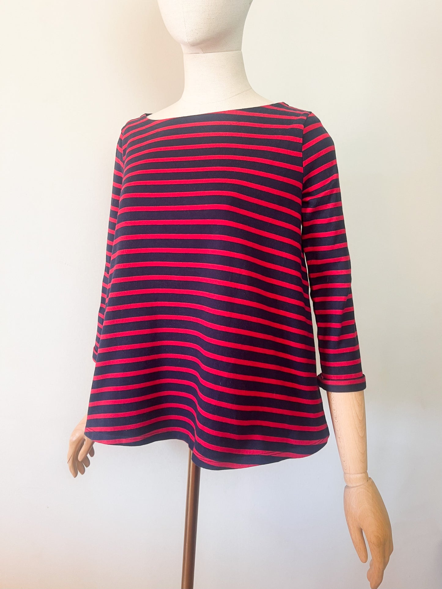 Top T-shirt coupe Trapèze - 100% Coton Épais - Marine & Rayures Rouges Petit Bateau - T S