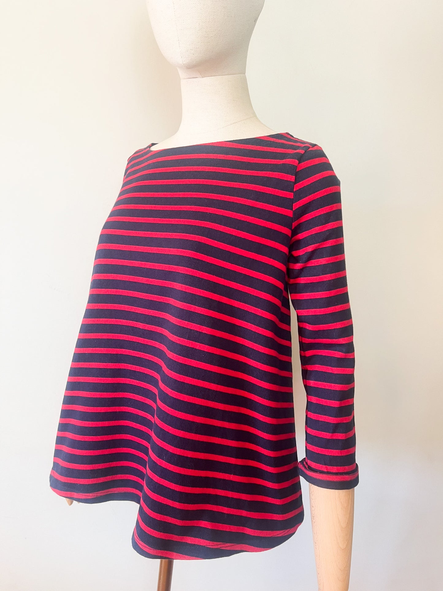 Top T-shirt coupe Trapèze - 100% Coton Épais - Marine & Rayures Rouges Petit Bateau - T S