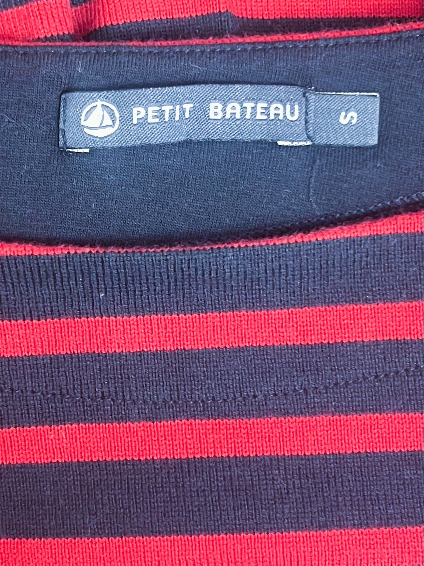 Top T-shirt coupe Trapèze - 100% Coton Épais - Marine & Rayures Rouges Petit Bateau - T S