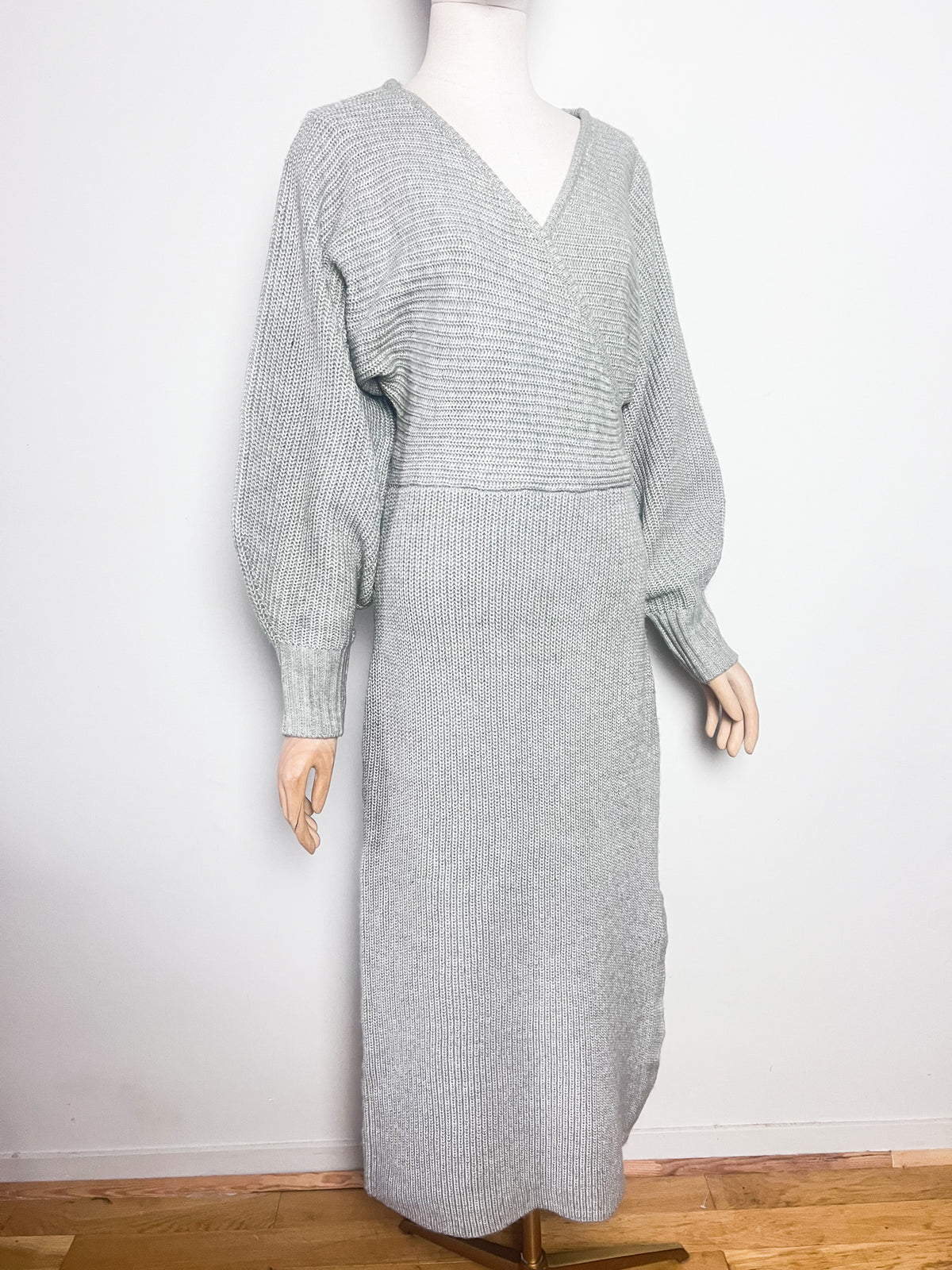 Robe longue en maille gris chiné River Island Cache-cœur et manches chauve-souris Taille 38 (M)