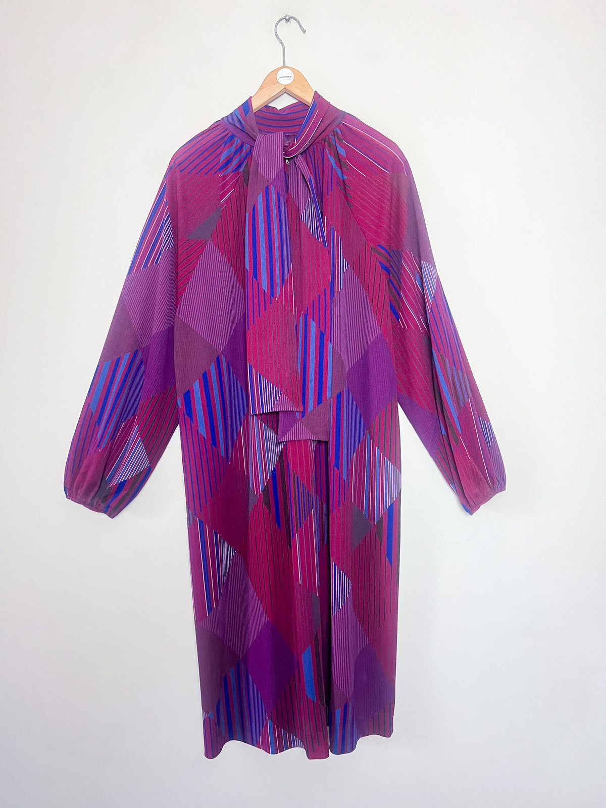Robe transparente voile vintage 70s imprimé géométrique — Col à pans nouables Taille Unique (38 au 44)