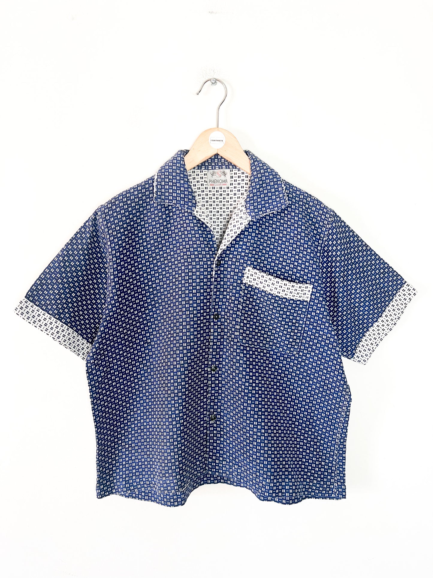 Chemise manches courtes Vintage Années 80 – Coupe Boxy - 100% Coton Épais Motifs graphique Bleu & Crème - Unisexe -T. M
