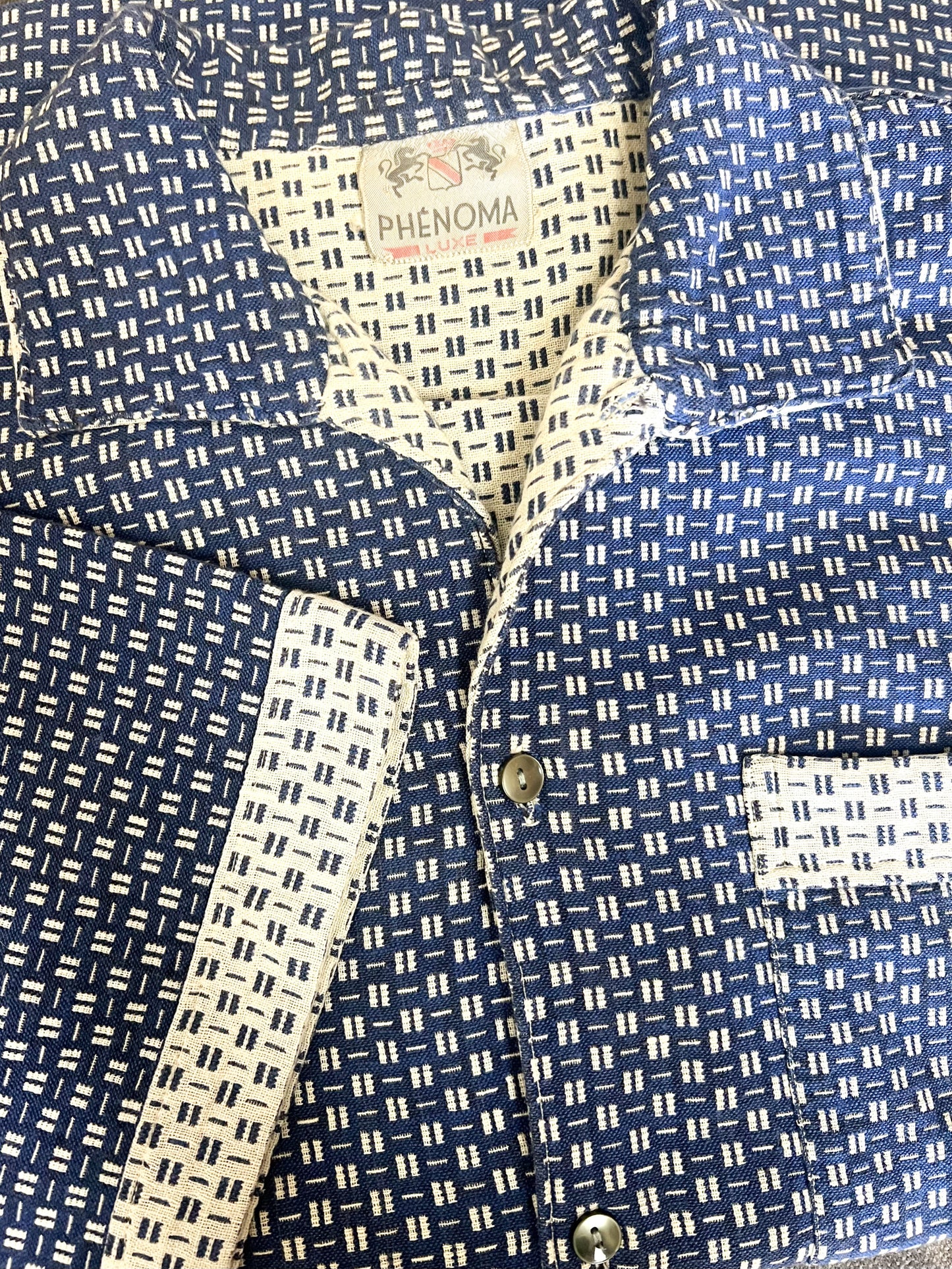 Chemise manches courtes Vintage Années 80 – Coupe Boxy - 100% Coton Épais Motifs graphique Bleu & Crème - Unisexe -T. M