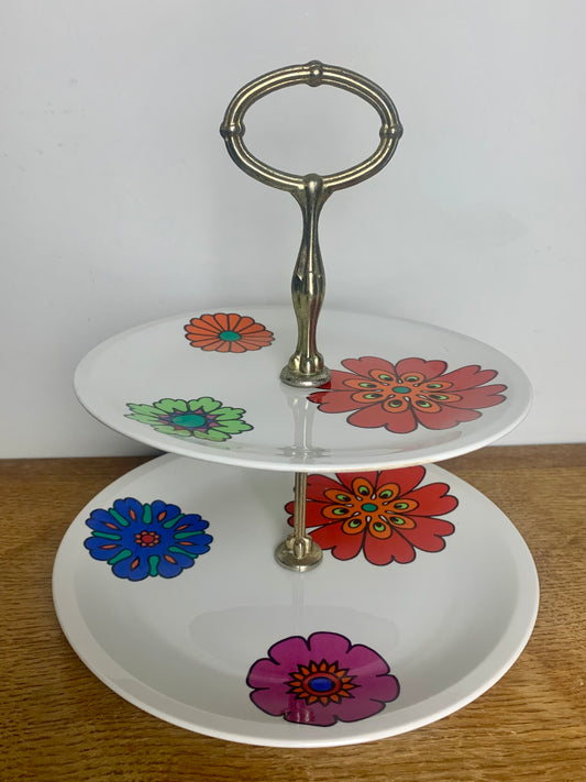 Plateau de service présentation à deux étages motifs fleurs vintage