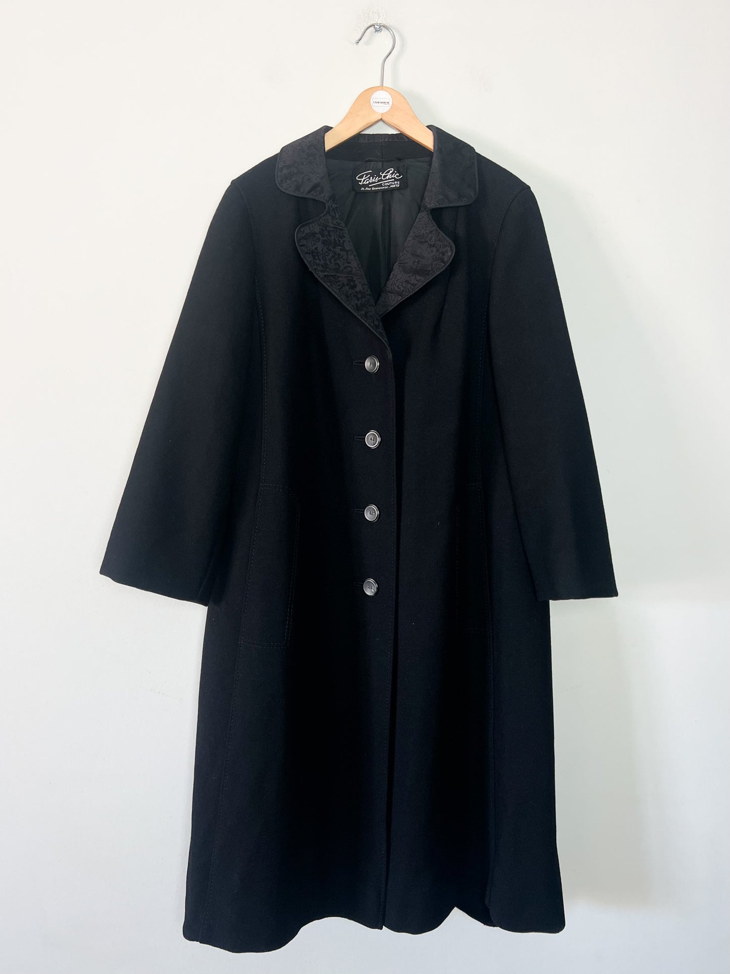 Manteau Vintage Années 60 noir - 100% Pure Laine Vierge - Détails Couture - Paris Chic T40/42